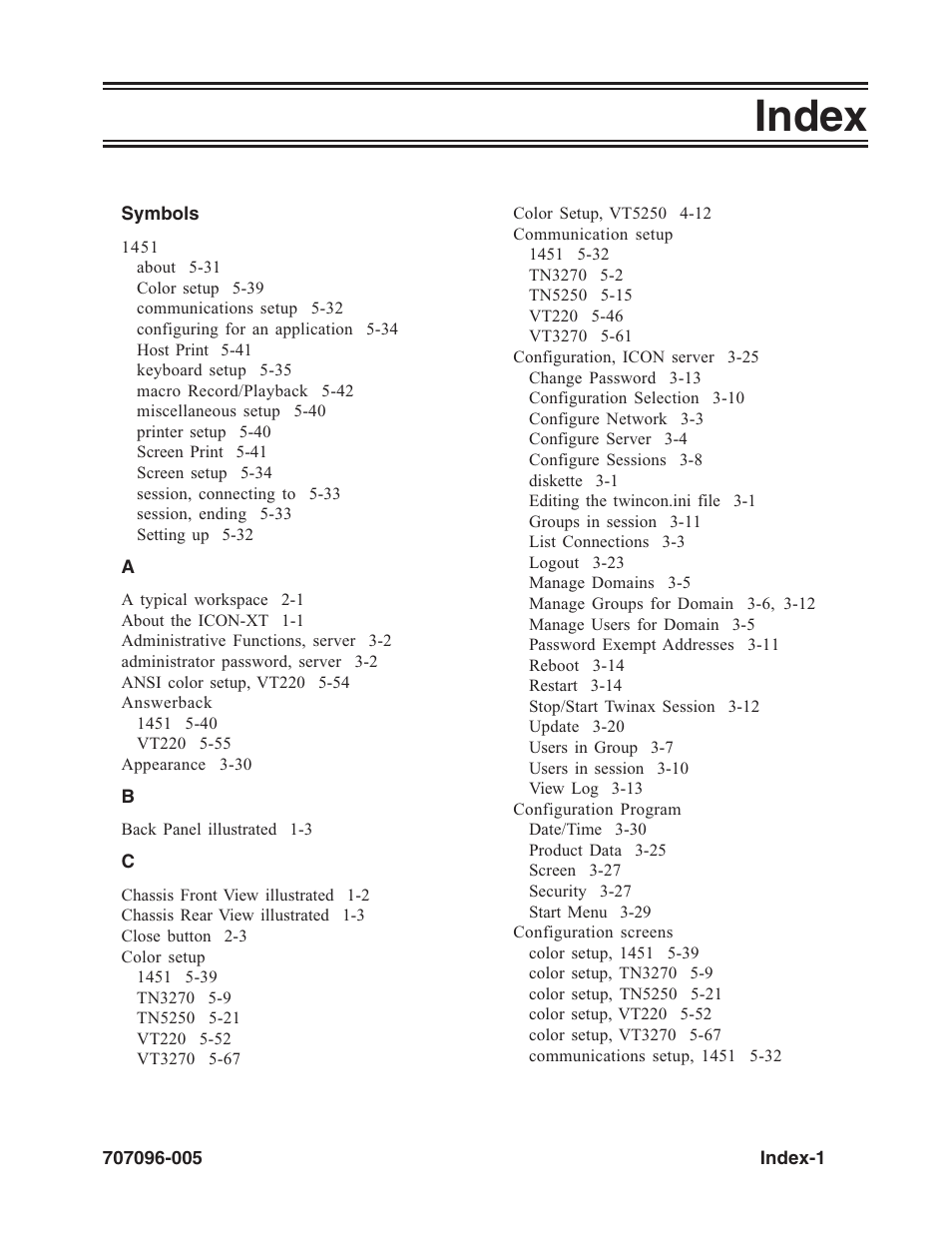 Index, Symbols, Answerback | Color setup, Communication setup, Configuration program, Configuration screens | Visara iCON-XT User Manual | Page 139 / 144