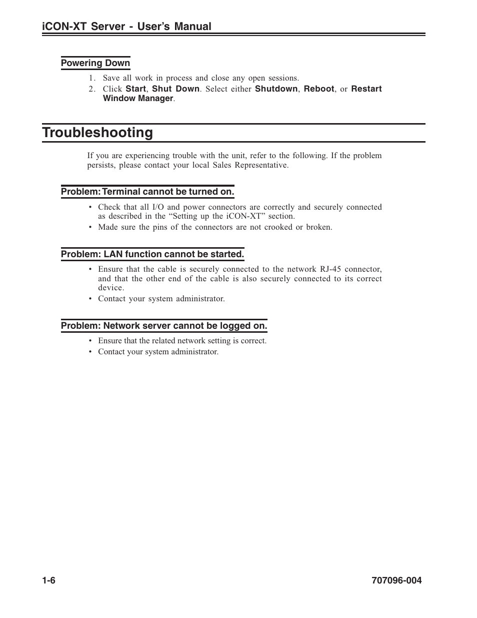 Powering down, Troubleshooting, Problem: terminal cannot be turned on | Problem: lan function cannot be started, Problem: network server cannot be logged on, Powering up, Powering down -6, Troubleshooting -6 | Visara iCON-XT User Manual | Page 14 / 144