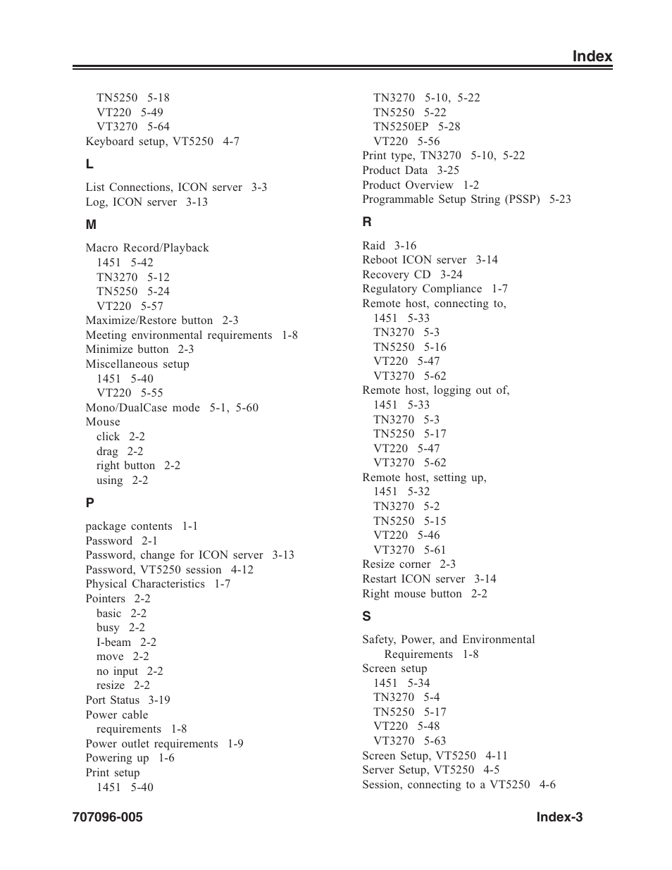 Macro record/playback, Miscellaneous setup, Mouse | Power cable, Print setup, Remote host, connecting to, Remote host, logging out of, Remote host, setting up, Screen setup, Index | Visara iCON-XT User Manual | Page 141 / 144