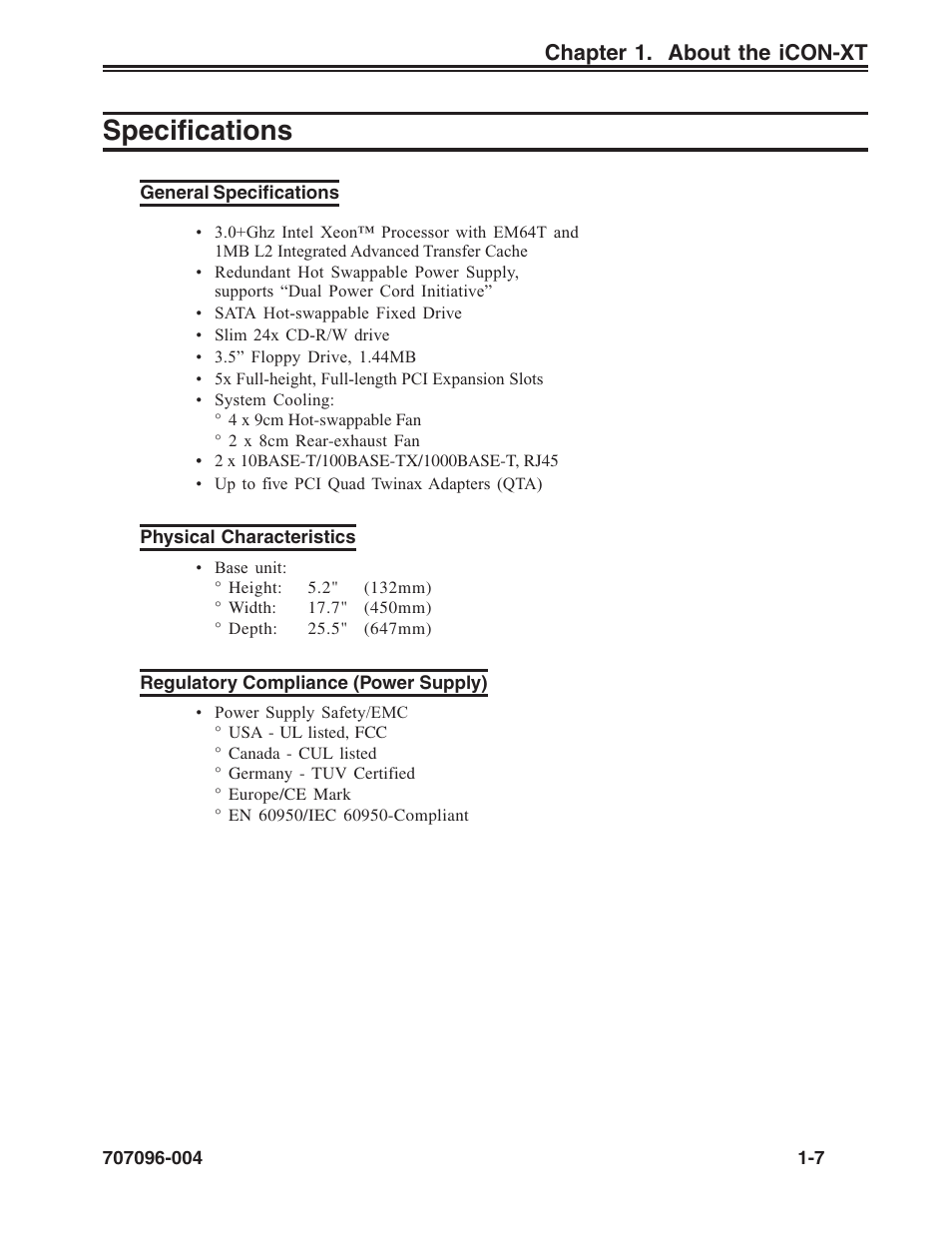 Specifications, General specifications, Physical characteristics | Regulatory compliance (power supply), Regulatory compliance, Specifications -7 | Visara iCON-XT User Manual | Page 15 / 144