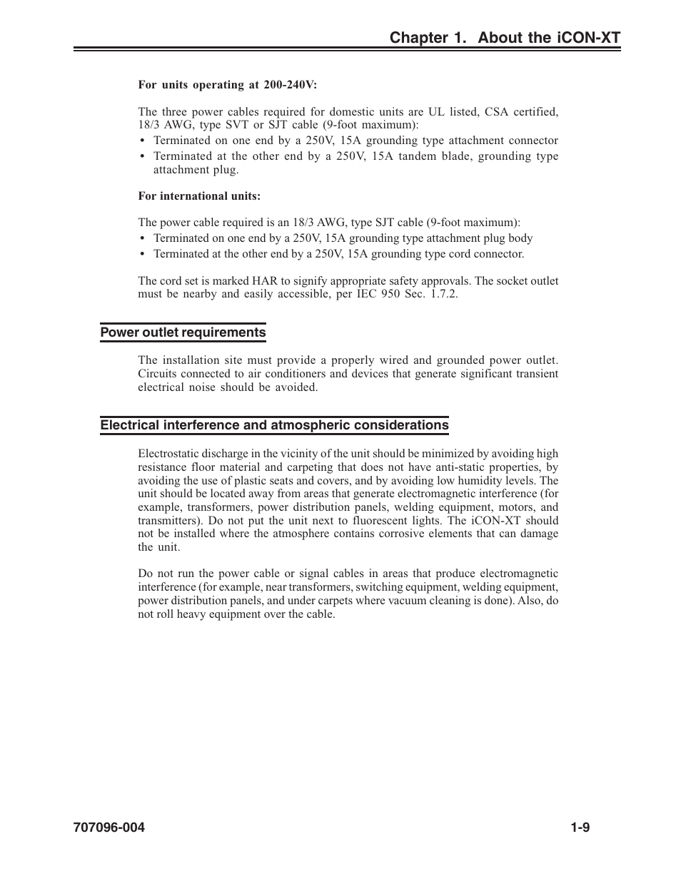 Power outlet requirements, Electrical interference, Chapter 1. about the icon-xt | Visara iCON-XT User Manual | Page 17 / 144