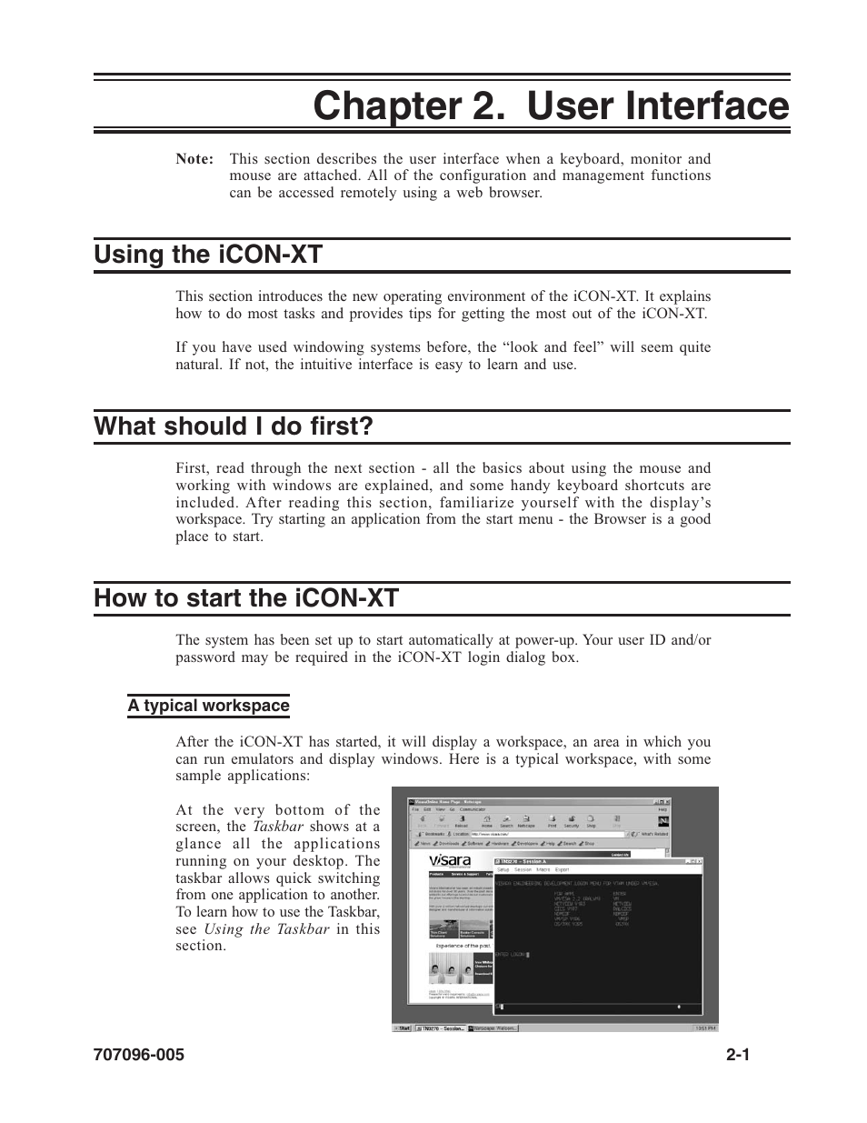 Chapter 2. user interface, Using the icon-xt, What should i do first | How to start the icon-xt, A typical workspace, How to start the icon-20t, Password, Functions, User id, User interface | Visara iCON-XT User Manual | Page 19 / 144