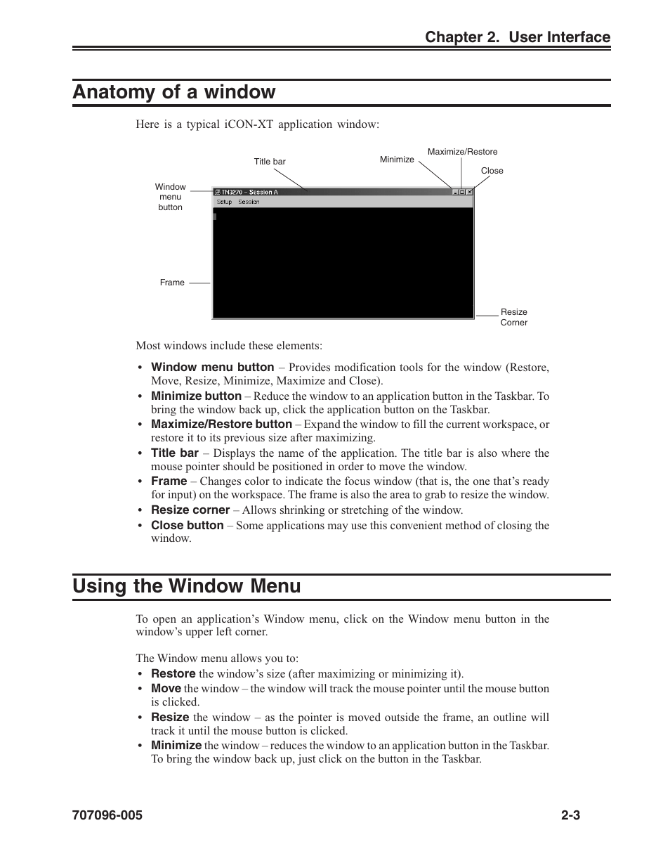 Anatomy of a window, Using the window menu, Close button | Frame, Maximize/restore button, Minimize button, Resize corner, Title bar, Close, Maximize | Visara iCON-XT User Manual | Page 21 / 144