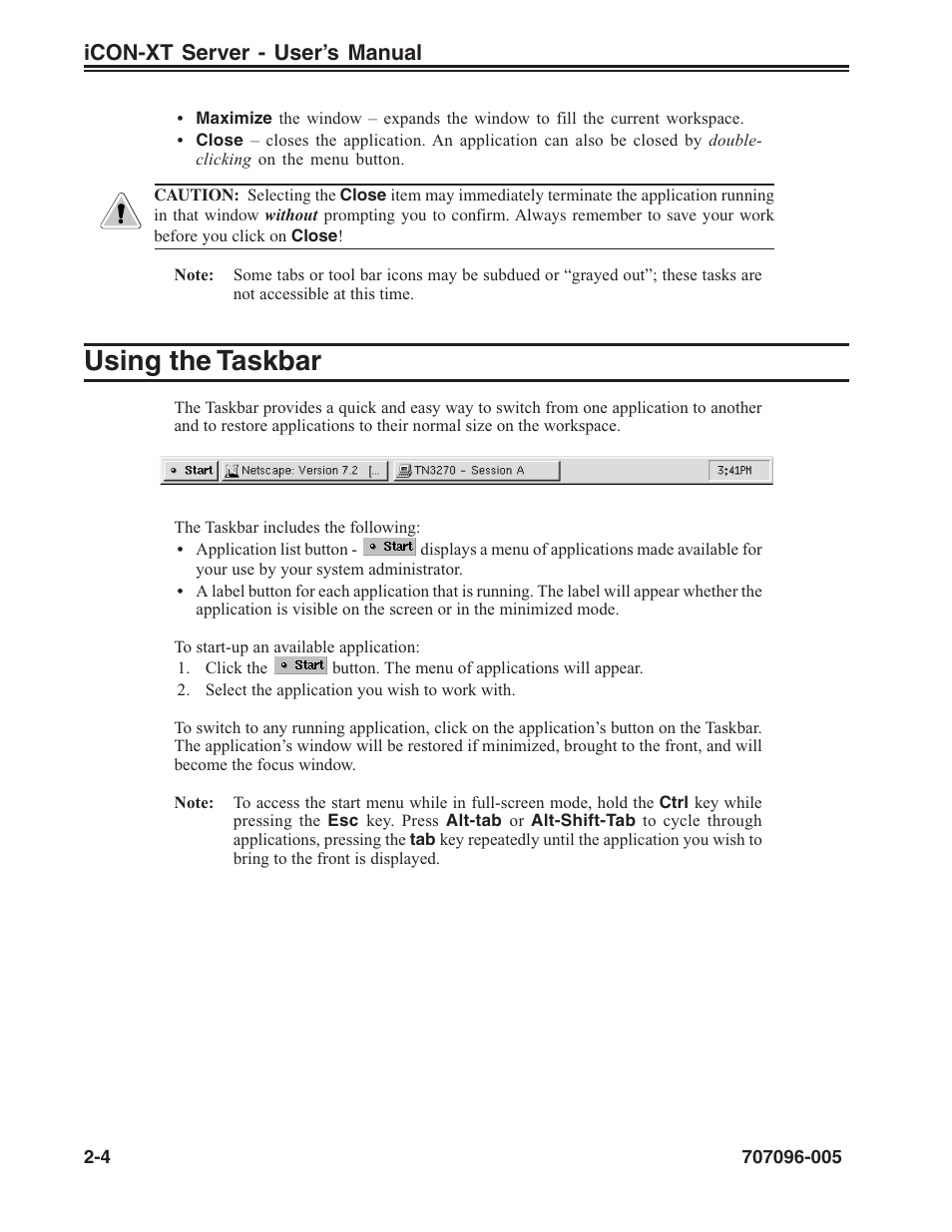 Using the taskbar, Using, Using the taskbar -4 | Visara iCON-XT User Manual | Page 22 / 144