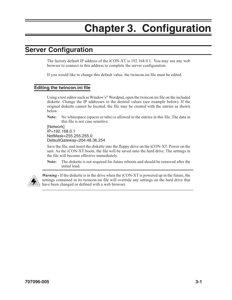 Chapter 3. configuration, Server configuration, Editing the twincon.ini file | Diskette, Editing the twincon.ini file, icon server, Chapter 3. configuration -1, Server configuration -1, Editing the twincon.ini file -1 | Visara iCON-XT User Manual | Page 23 / 144