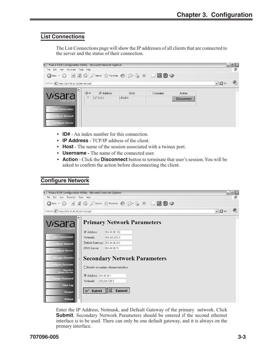 List connections, Configure network, List connections, icon server | List connections -3 configure network -3 | Visara iCON-XT User Manual | Page 25 / 144