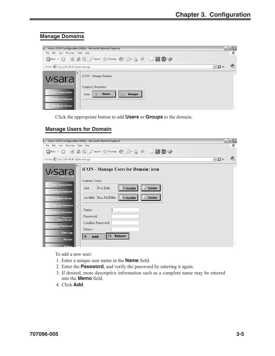 Manage domains, Manage users for domain, Manage accounts | Manage domains -5 | Visara iCON-XT User Manual | Page 27 / 144