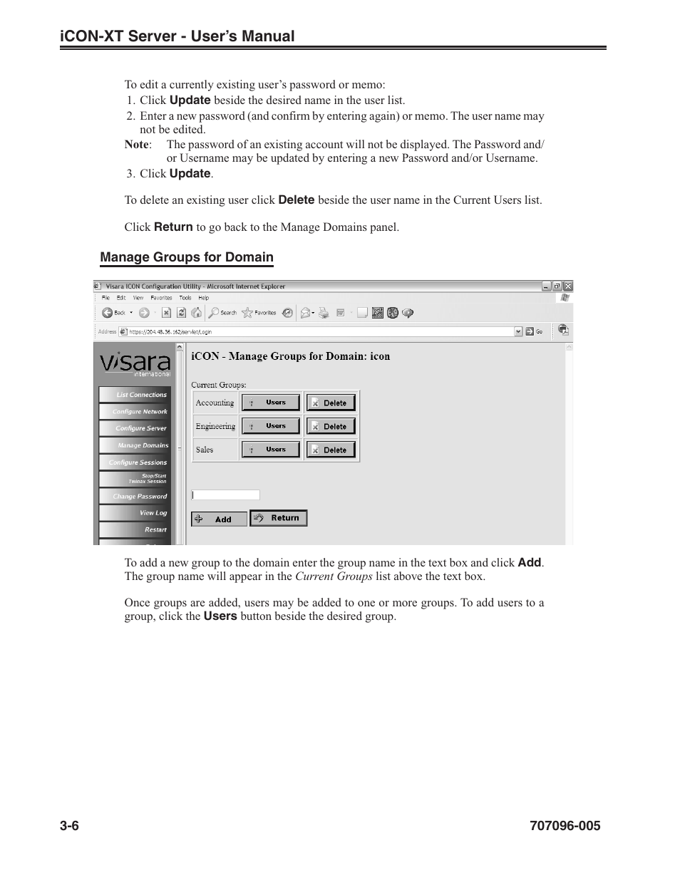 Manage groups for domain, Icon-xt server - user’s manual | Visara iCON-XT User Manual | Page 28 / 144