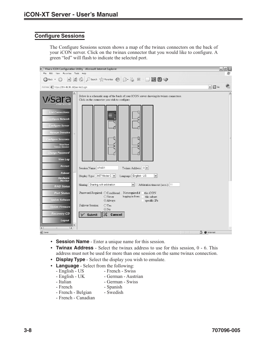 Configure sessions, Configure sessions -8, Icon-xt server - user’s manual | Visara iCON-XT User Manual | Page 30 / 144