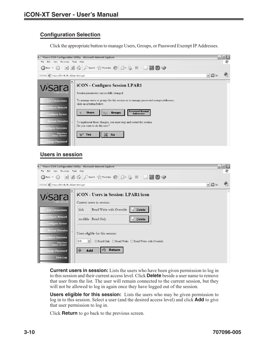 Configuration selection, Users in session | Visara iCON-XT User Manual | Page 32 / 144