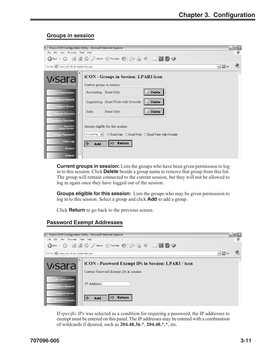 Groups in session, Password exempt addresses | Visara iCON-XT User Manual | Page 33 / 144