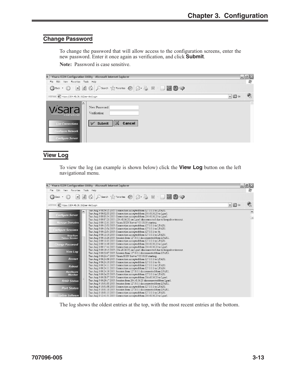 Change password, View log, Log, icon server | Password, change for icon server, Change password -13 view log -13 | Visara iCON-XT User Manual | Page 35 / 144