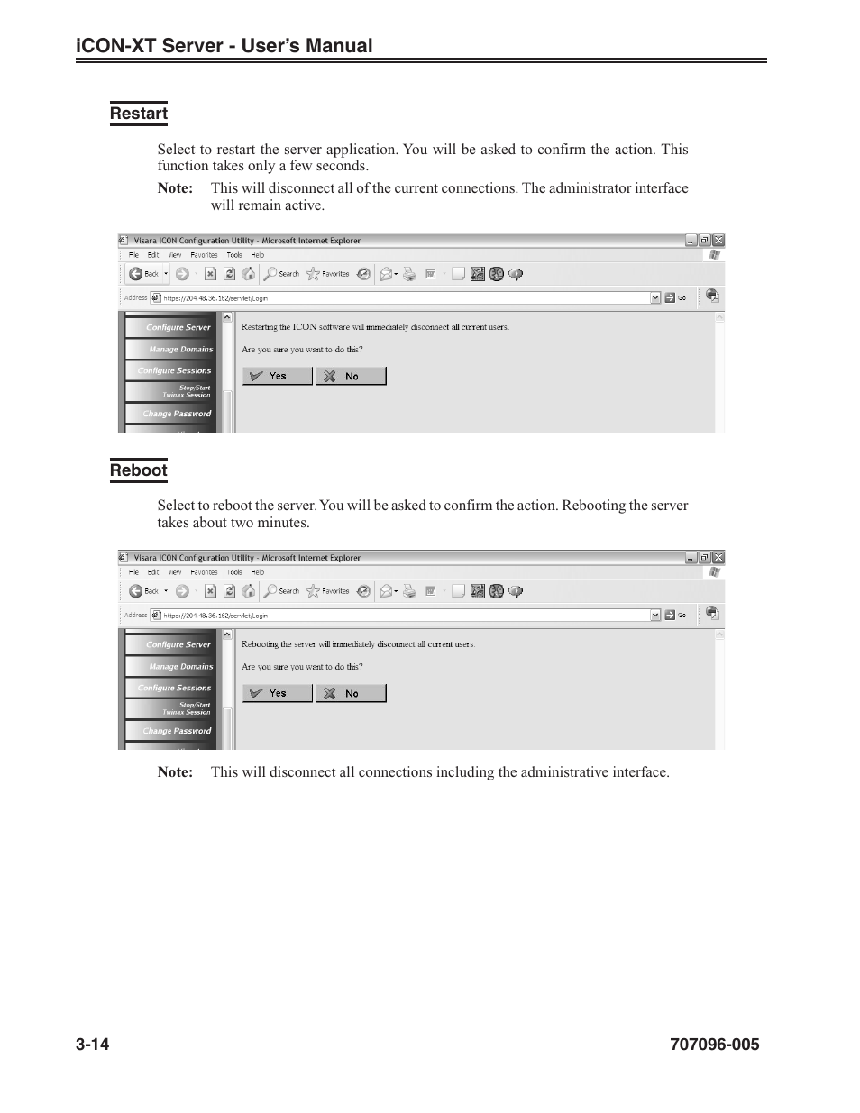 Restart, Reboot, Reboot icon server | Restart icon server, Restart -14 reboot -14 | Visara iCON-XT User Manual | Page 36 / 144