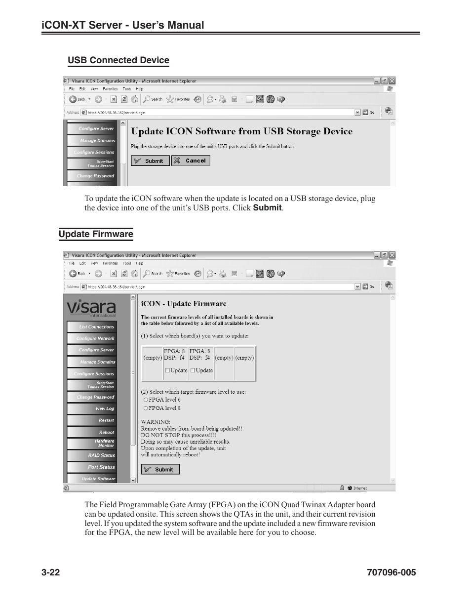 Update firmware, From usb connected device, Update firmware -22 | Visara iCON-XT User Manual | Page 44 / 144