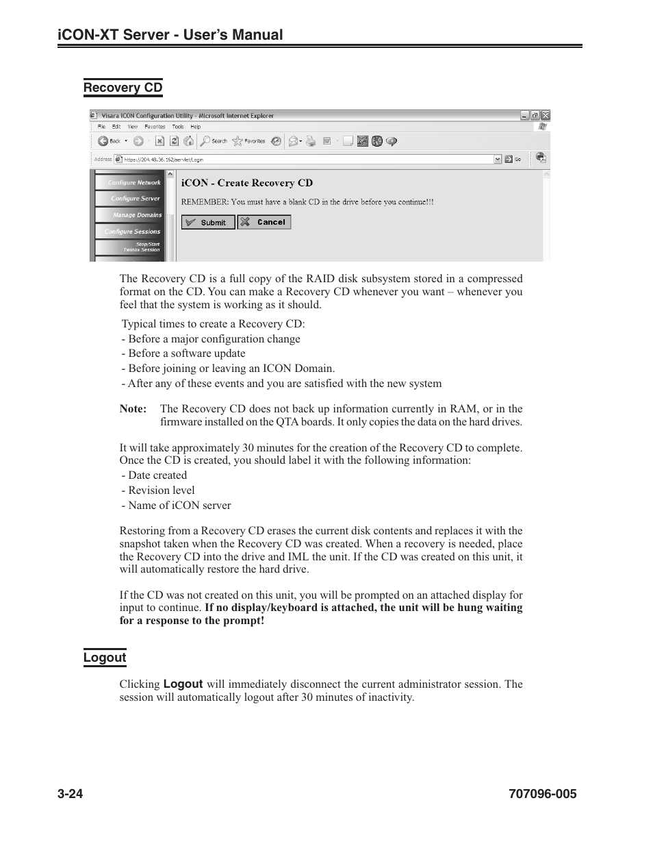 Recovery cd, Logout, Recovery cd -24 logout -24 | Visara iCON-XT User Manual | Page 46 / 144