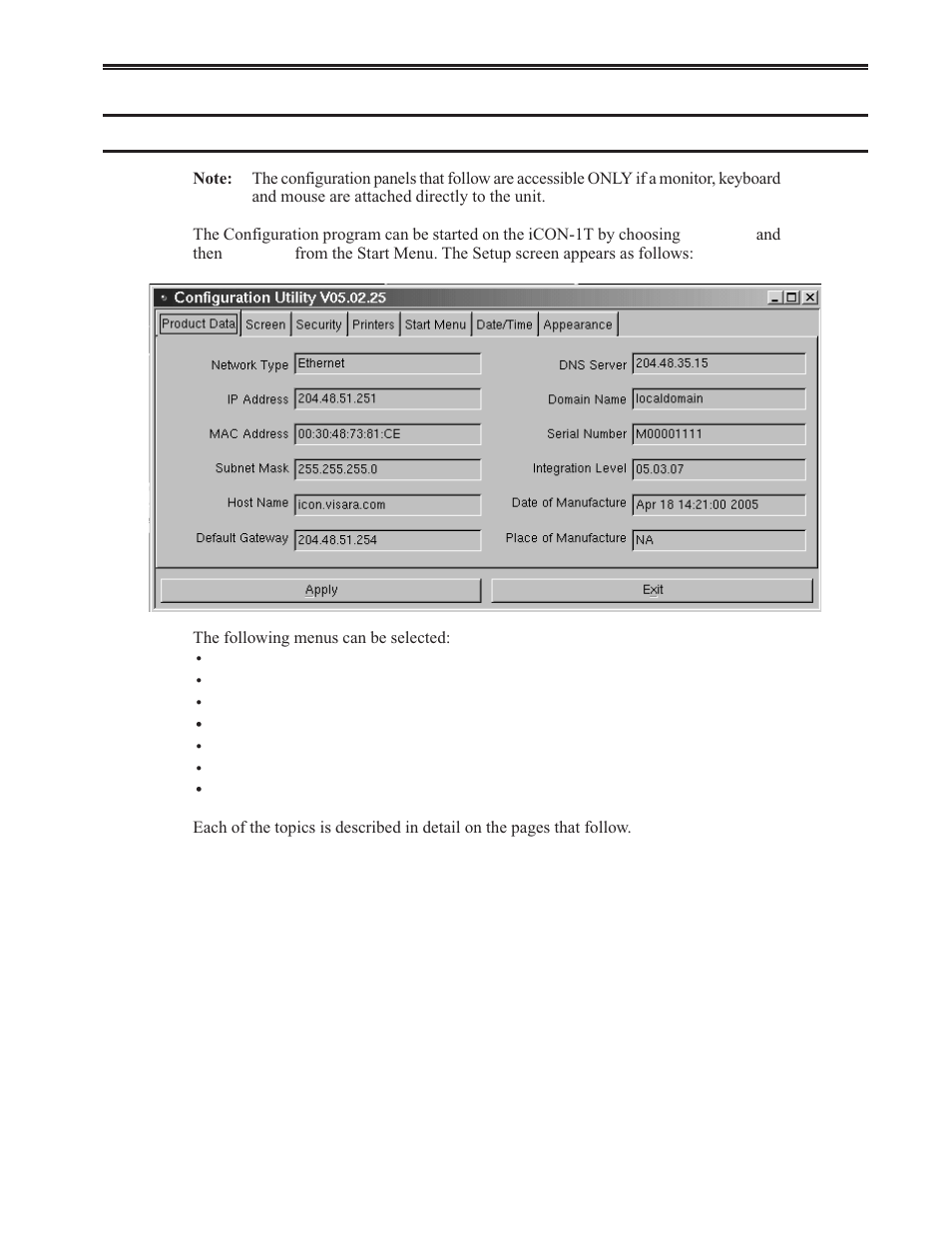 General configuration, Product data, Configuration, icon server | General configuration -25 product data -25 | Visara iCON-XT User Manual | Page 47 / 144