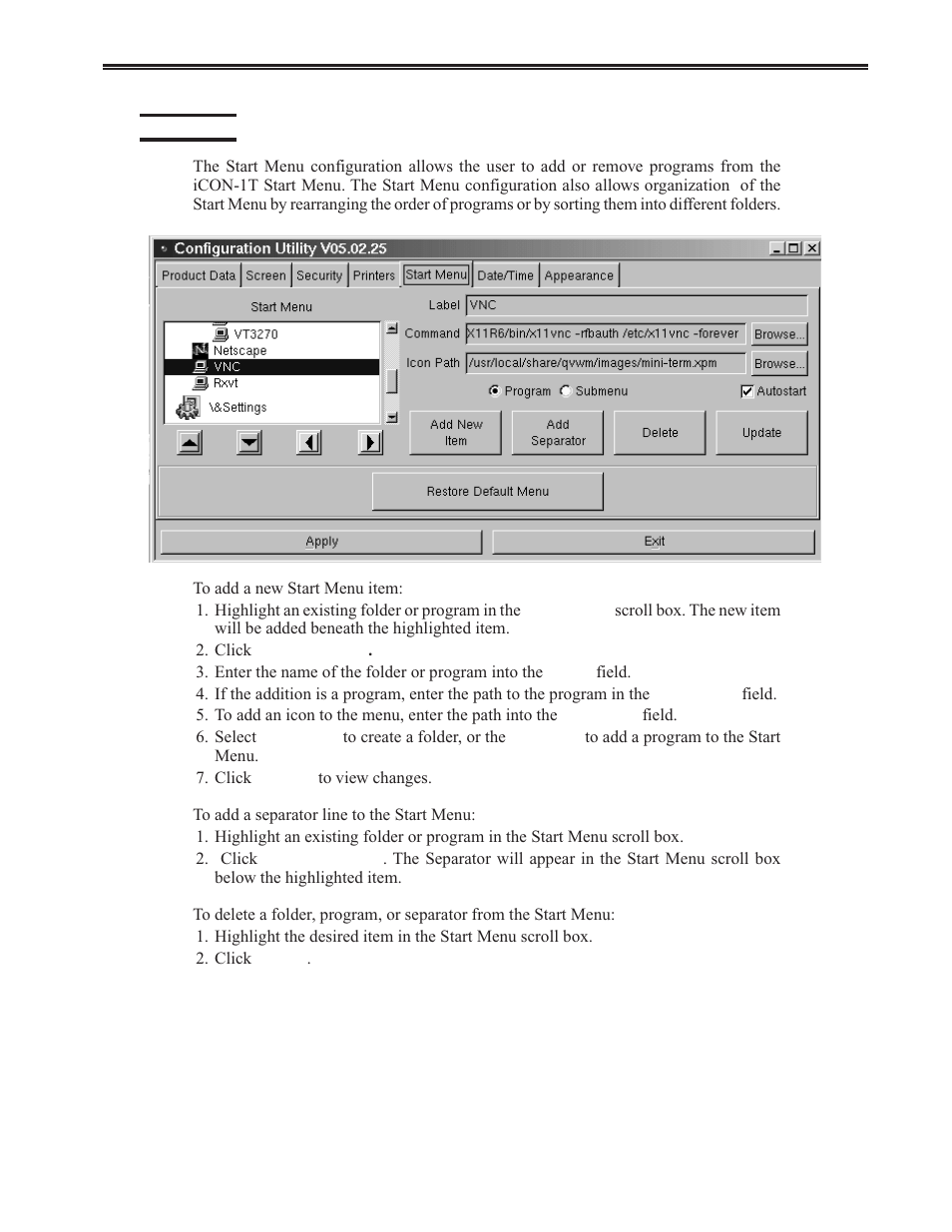 Start menu, Start menu -29, Chapter 3. configuration | Visara iCON-XT User Manual | Page 51 / 144