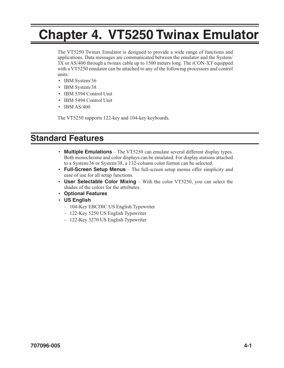 Chapter 4. vt5250 twinax emulator, Standard features, Standard features, vt5250 | Chapter 4. vt5250 twinax emulator -1, Standard features -1 | Visara iCON-XT User Manual | Page 53 / 144