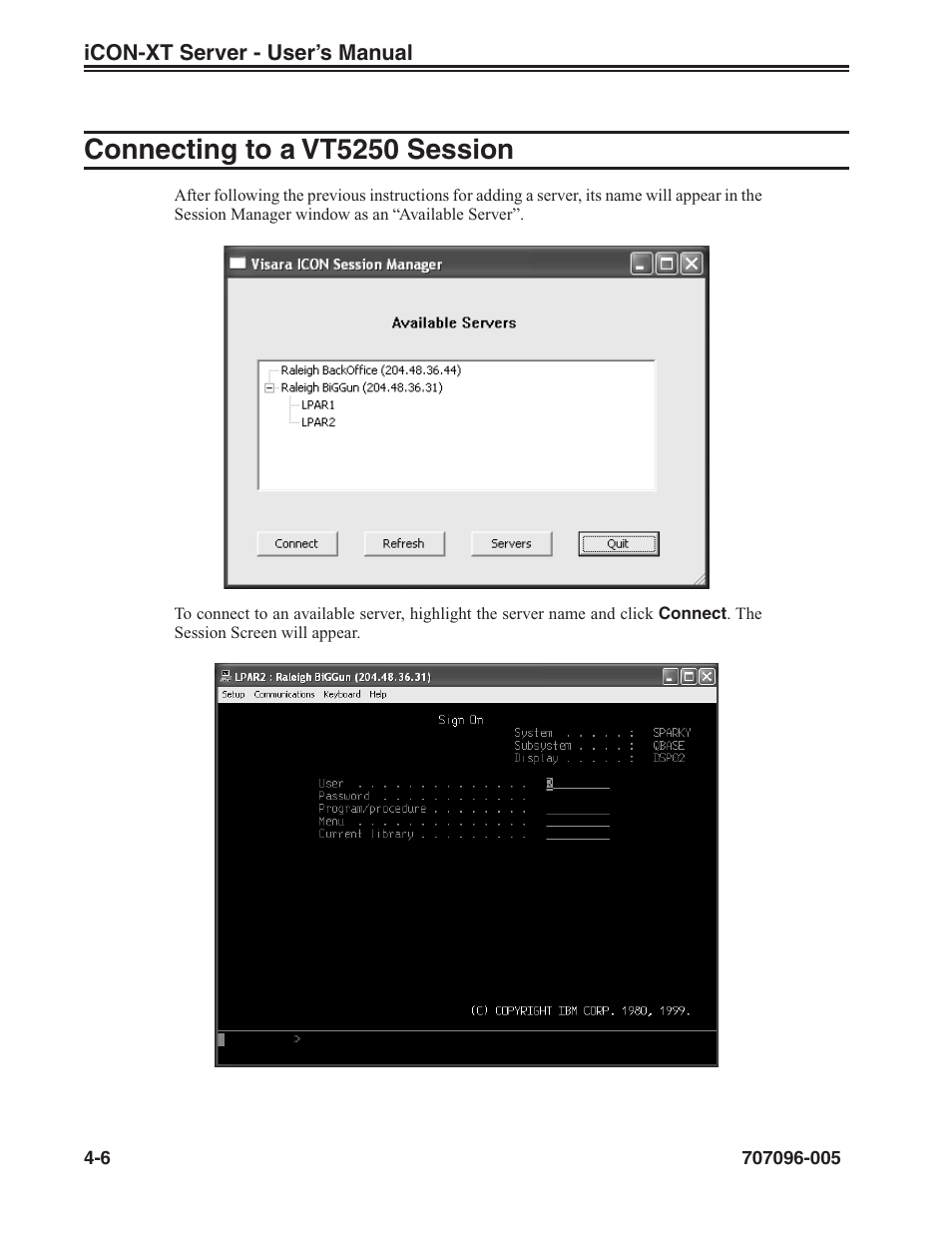 Connecting to a vt5250 session, Session, connecting to a vt5250, Connecting to a vt5250 session -6 | Visara iCON-XT User Manual | Page 58 / 144