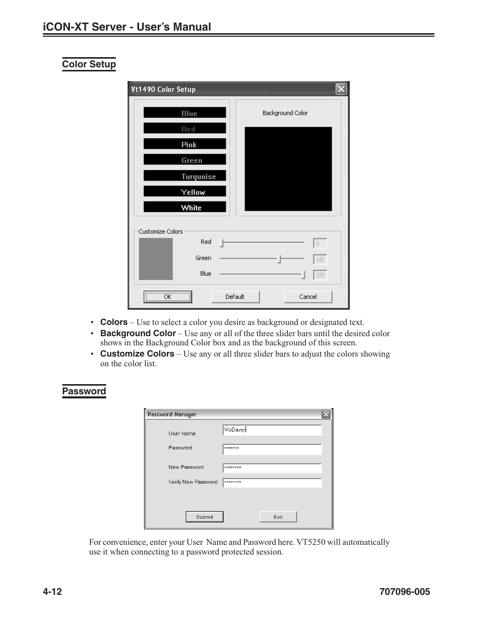 Color setup, Password, Color setup, vt5250 | Password, vt5250 session, Color setup -12 password -12 | Visara iCON-XT User Manual | Page 64 / 144