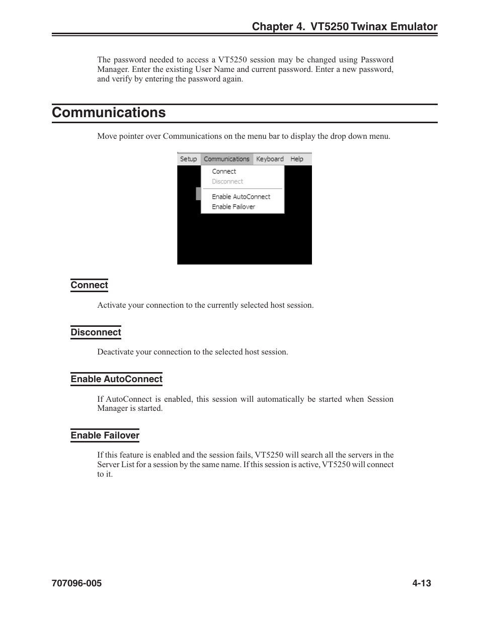 Communications, Connect, Disconnect | Enable autoconnect, Enable failover, Communications -13 | Visara iCON-XT User Manual | Page 65 / 144