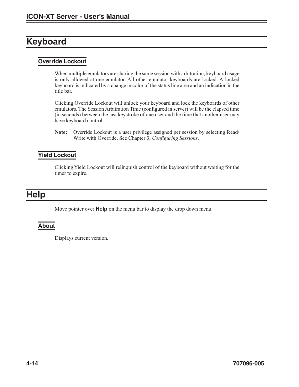 Keyboard, Override lockout, Yield lockout | Help, About, Keyboard -14, Override lockout -14 yield lockout -14, Help -14, About -14 | Visara iCON-XT User Manual | Page 66 / 144