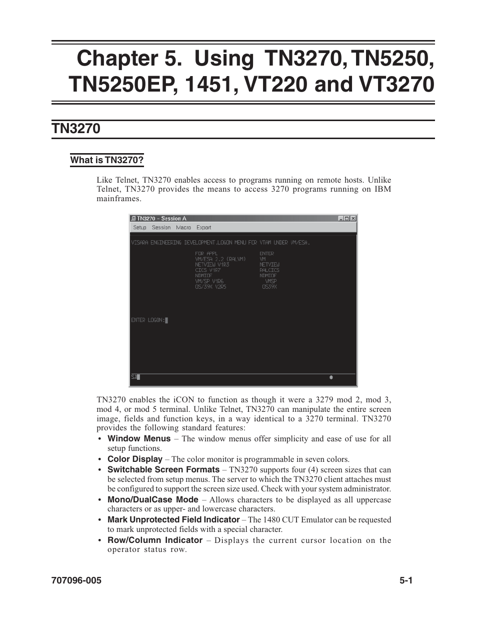 Tn3270, What is tn3270, Mono/dualcase mode | About, Features, 3279 terminal, Tn3270 -1, What is tn3270? -1 | Visara iCON-XT User Manual | Page 67 / 144