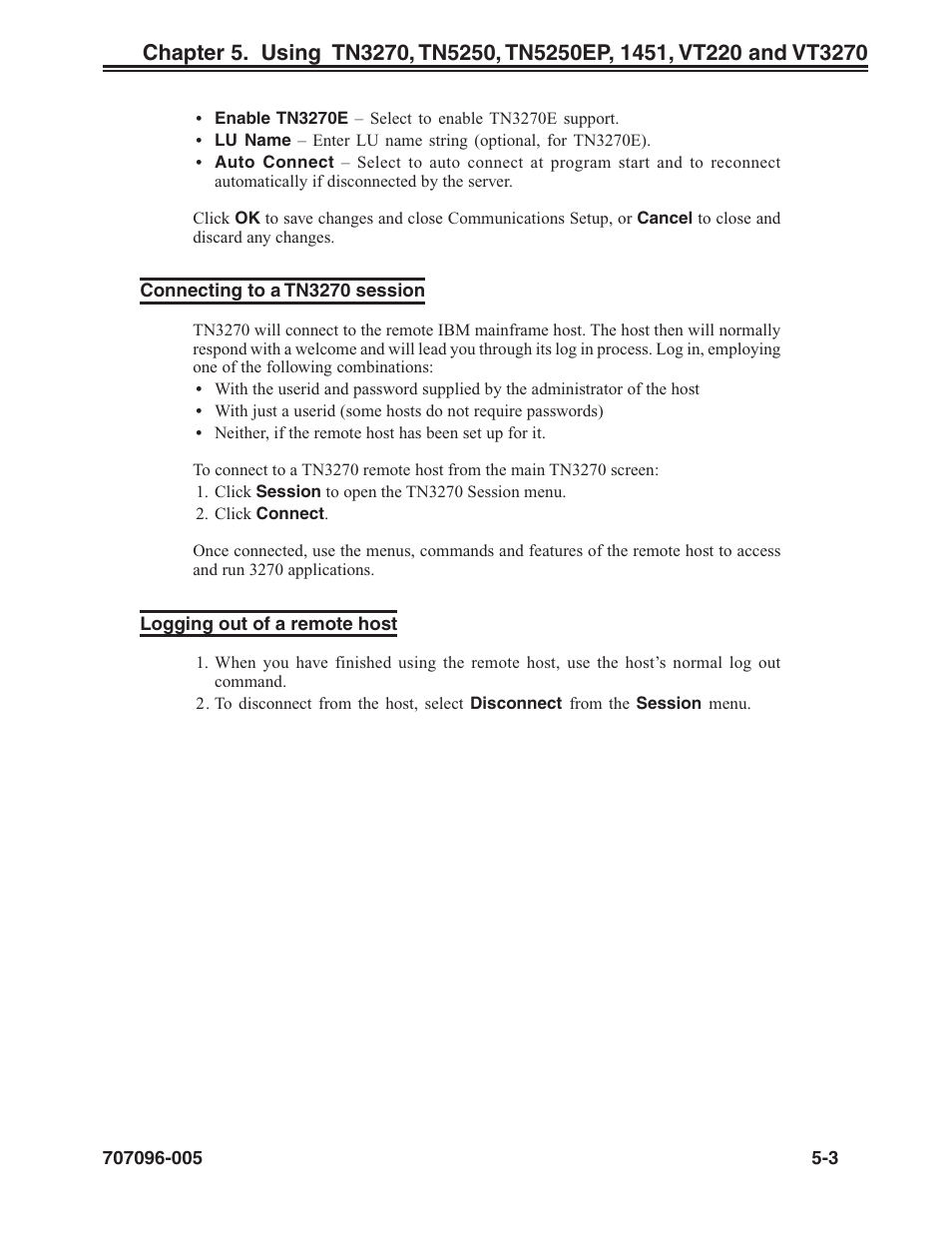 Connecting to a tn3270 session, Logging out of a remote host, Tn3270 | Session, connecting to, Session, ending | Visara iCON-XT User Manual | Page 69 / 144