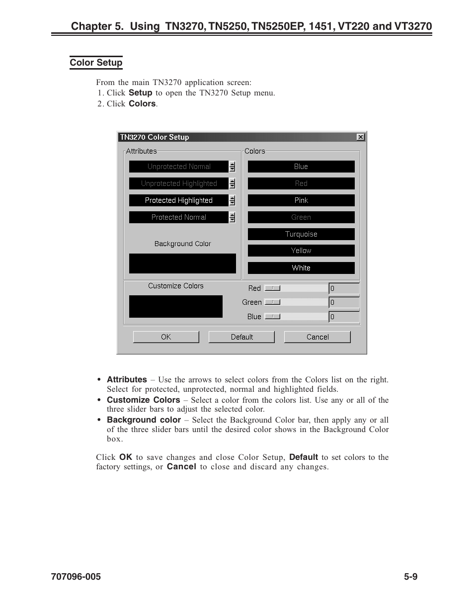 Color setup, Tn3270, Color setup, tn3270 | Color setup -9 | Visara iCON-XT User Manual | Page 75 / 144