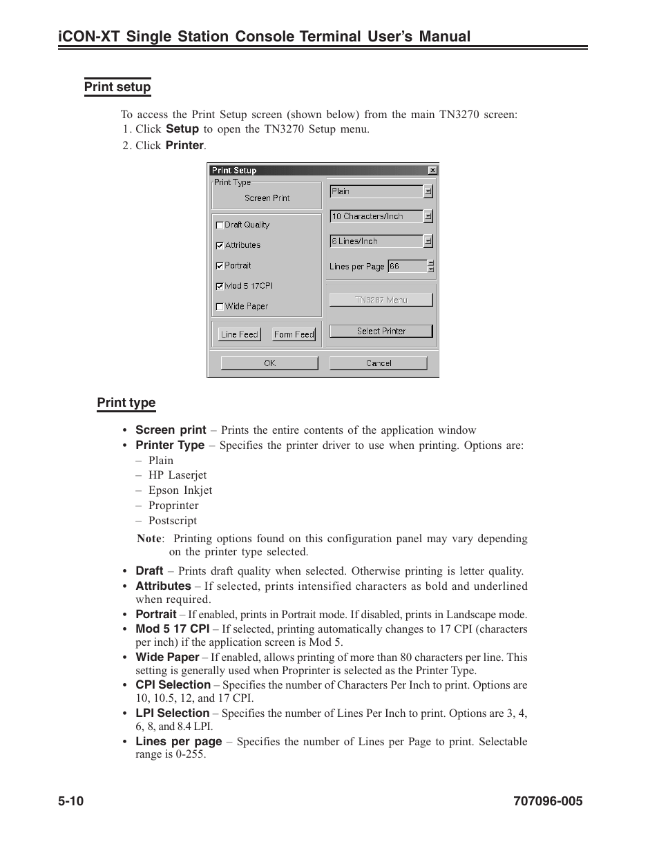 Print setup, Print setup, tn3270, Tn3270 | Print type, tn3270, Print type, Print setup -10 | Visara iCON-XT User Manual | Page 76 / 144