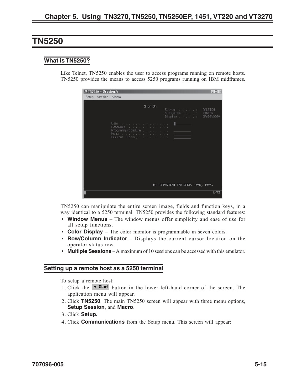 Tn5250, What is tn5250, Setting up a remote host as a 5250 terminal | Communications setup, tn5250, About, Communications setup, Setting up a remote host, Tn5250 -15 | Visara iCON-XT User Manual | Page 81 / 144