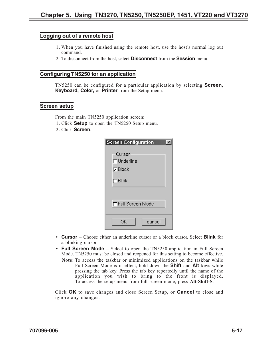 Logging out of a remote host, Configuring tn5250 for an application, Screen setup | Screen setup, tn5250, Tn5250, applications for, Tn5250, Configuring for an application, Session, connecting to, Session, ending | Visara iCON-XT User Manual | Page 83 / 144