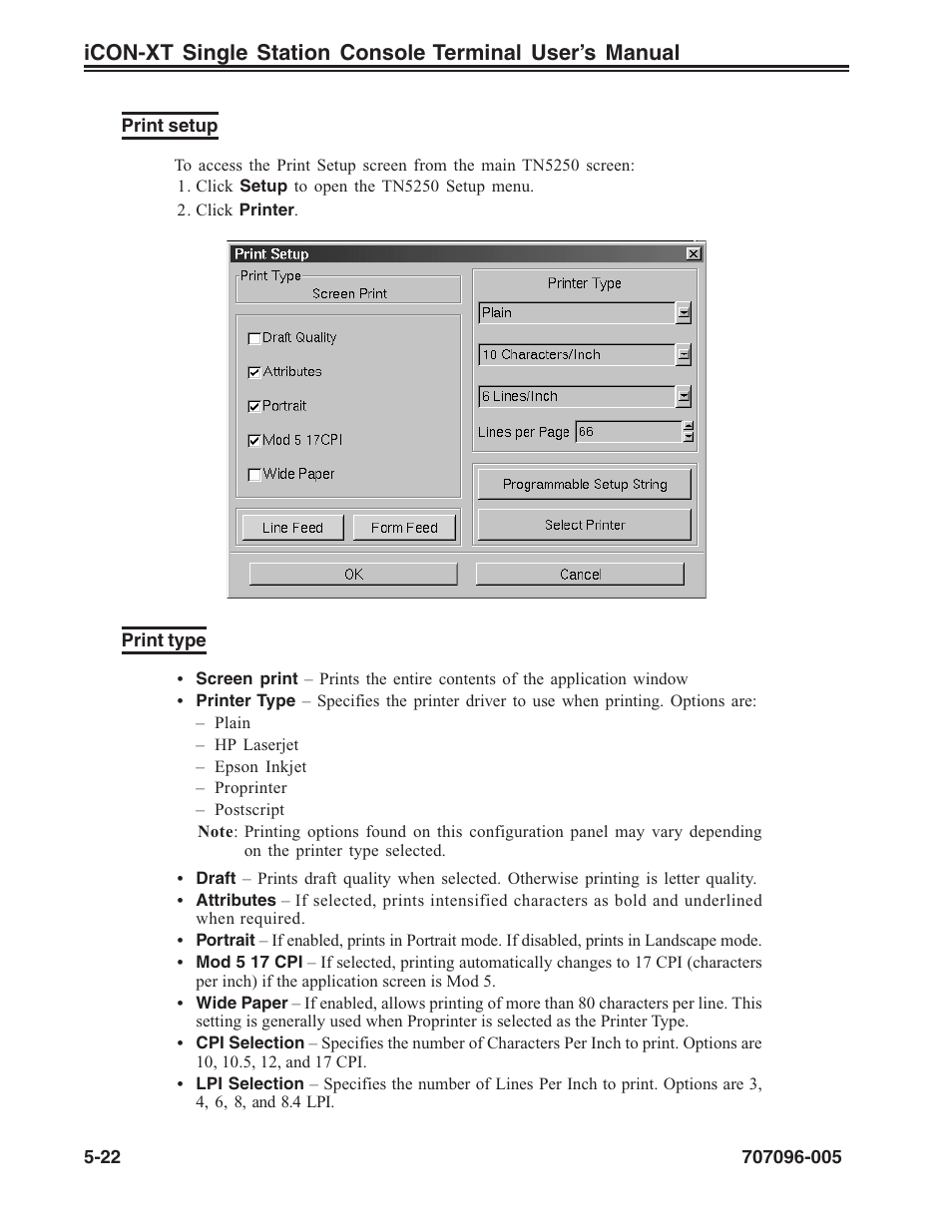 Print setup, Print type, Print setup, tn5250 | Tn5250, Print setup -22 print type -22 | Visara iCON-XT User Manual | Page 88 / 144