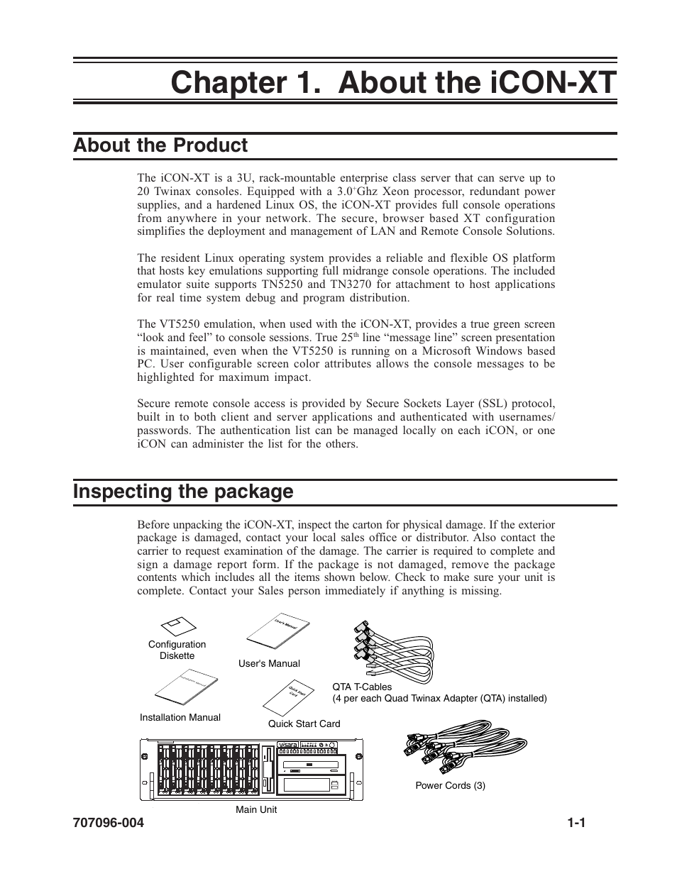 Chapter 1. about the icon-xt, About the product, Inspecting the package | About the icon-xt, Package contents, Chapter 1. about the icon-xt -1, About the product -1 inspecting the package -1 | Visara iCON-XT User Manual | Page 9 / 144