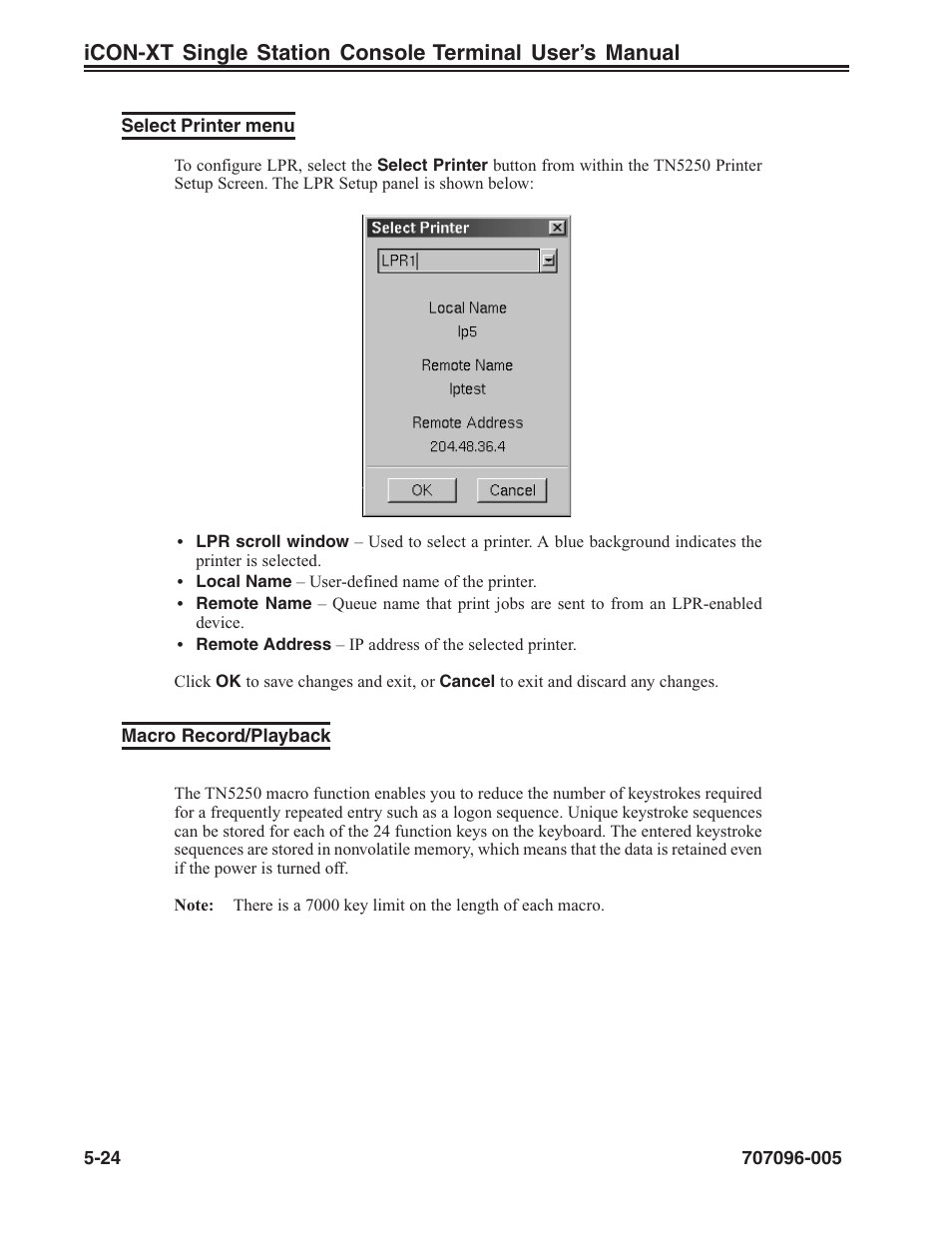 Select printer menu, Macro record/playback, Tn5250 | Select printer menu -24 macro record/playback -24 | Visara iCON-XT User Manual | Page 90 / 144