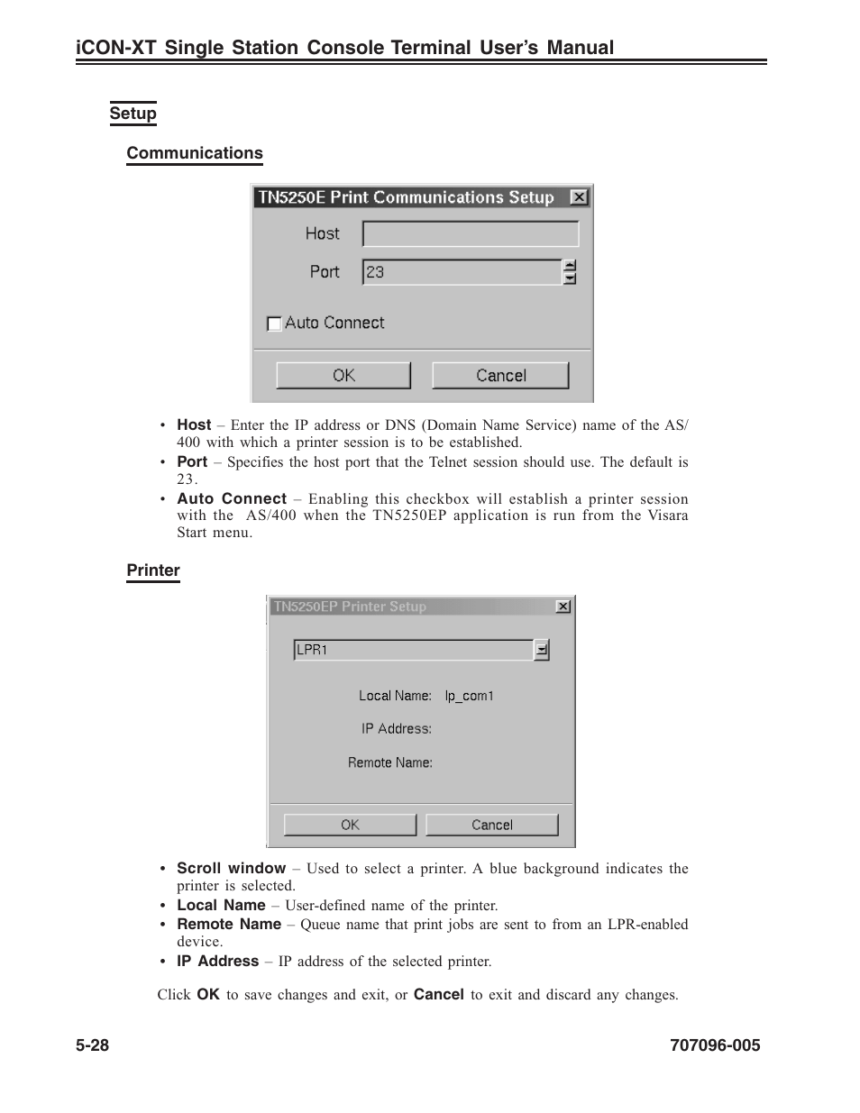 Setup, Tn5250ep, Communications | Printer, Setup -28 | Visara iCON-XT User Manual | Page 94 / 144