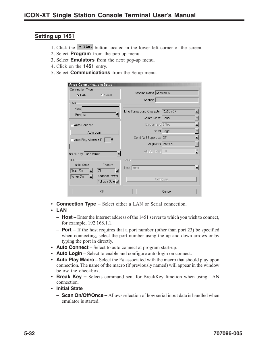 Communications setup, Setting up, Communications setup, 1451 | Visara iCON-XT User Manual | Page 98 / 144