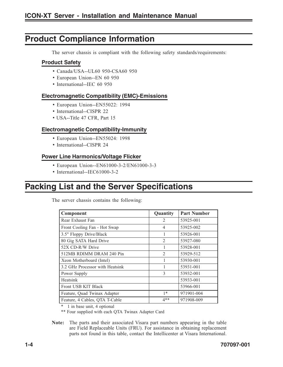 Product compliance information, Packing list and the server specifications | Visara iCON-XT Installation User Manual | Page 10 / 34