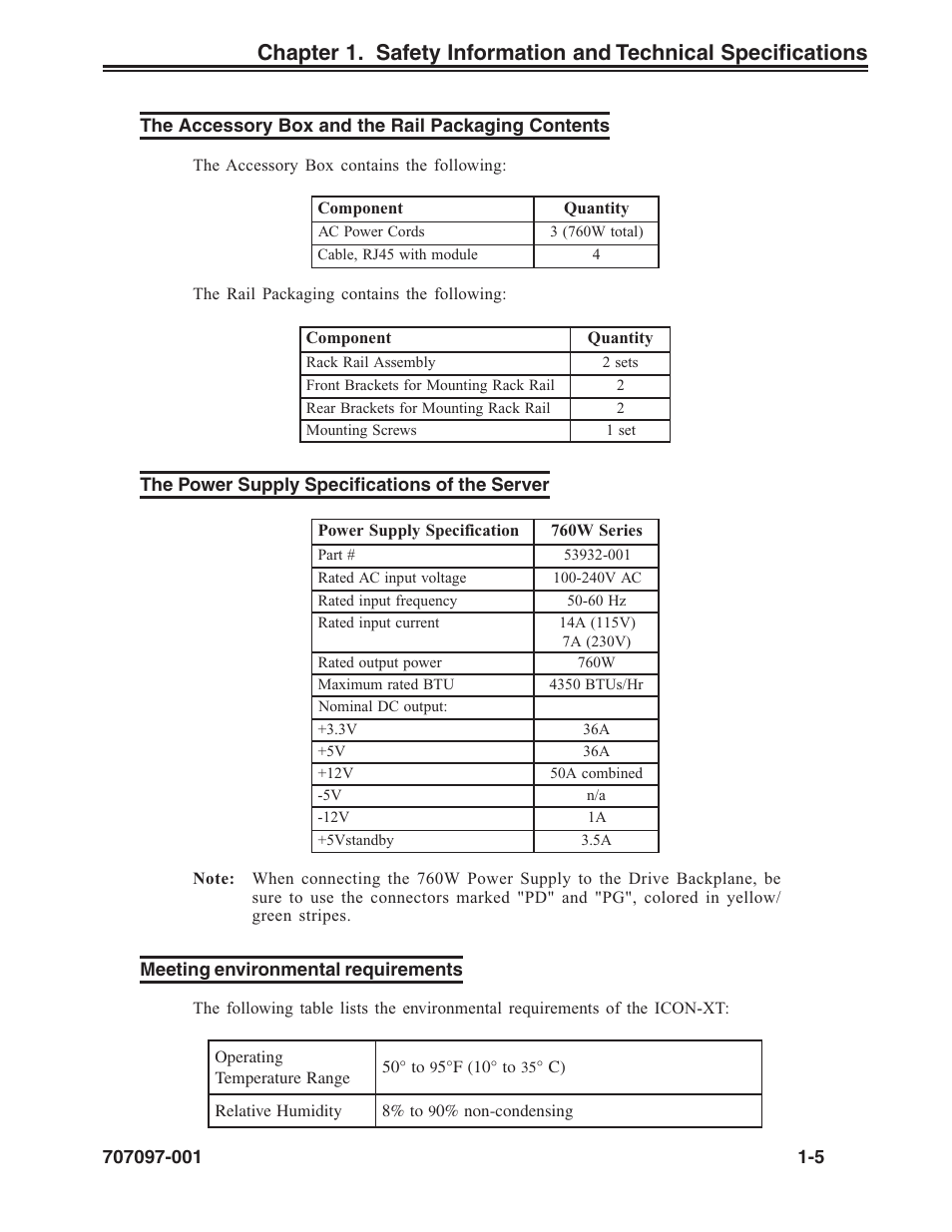 The accessory box and the rail packaging contents, The power supply specifications of the server, Meeting environmental requirements | Visara iCON-XT Installation User Manual | Page 11 / 34