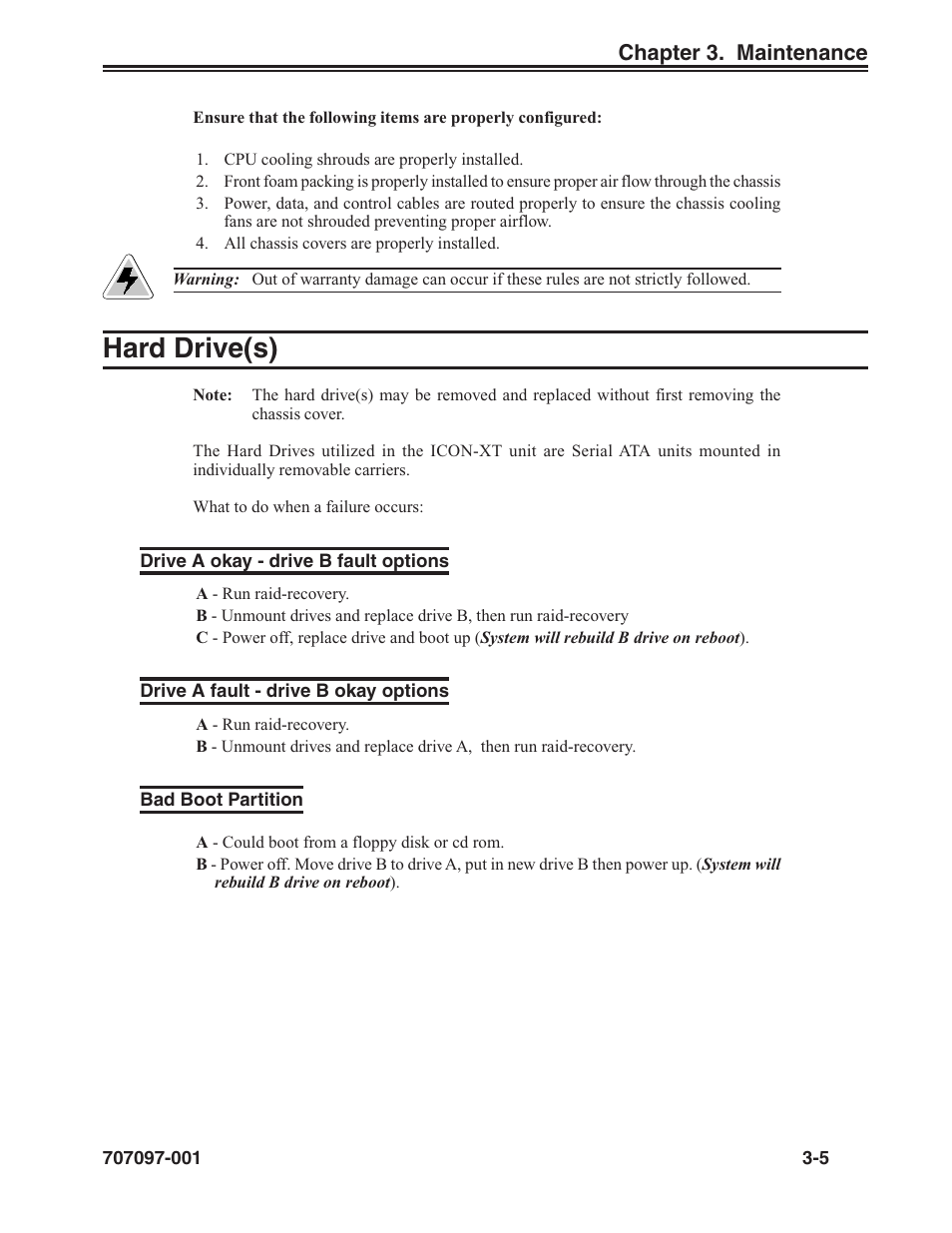 Hard drive(s), Drive a okay - drive b fault options, Drive a fault - drive b okay options | Bad boot partition, Hard drive(s) -5 | Visara iCON-XT Installation User Manual | Page 27 / 34