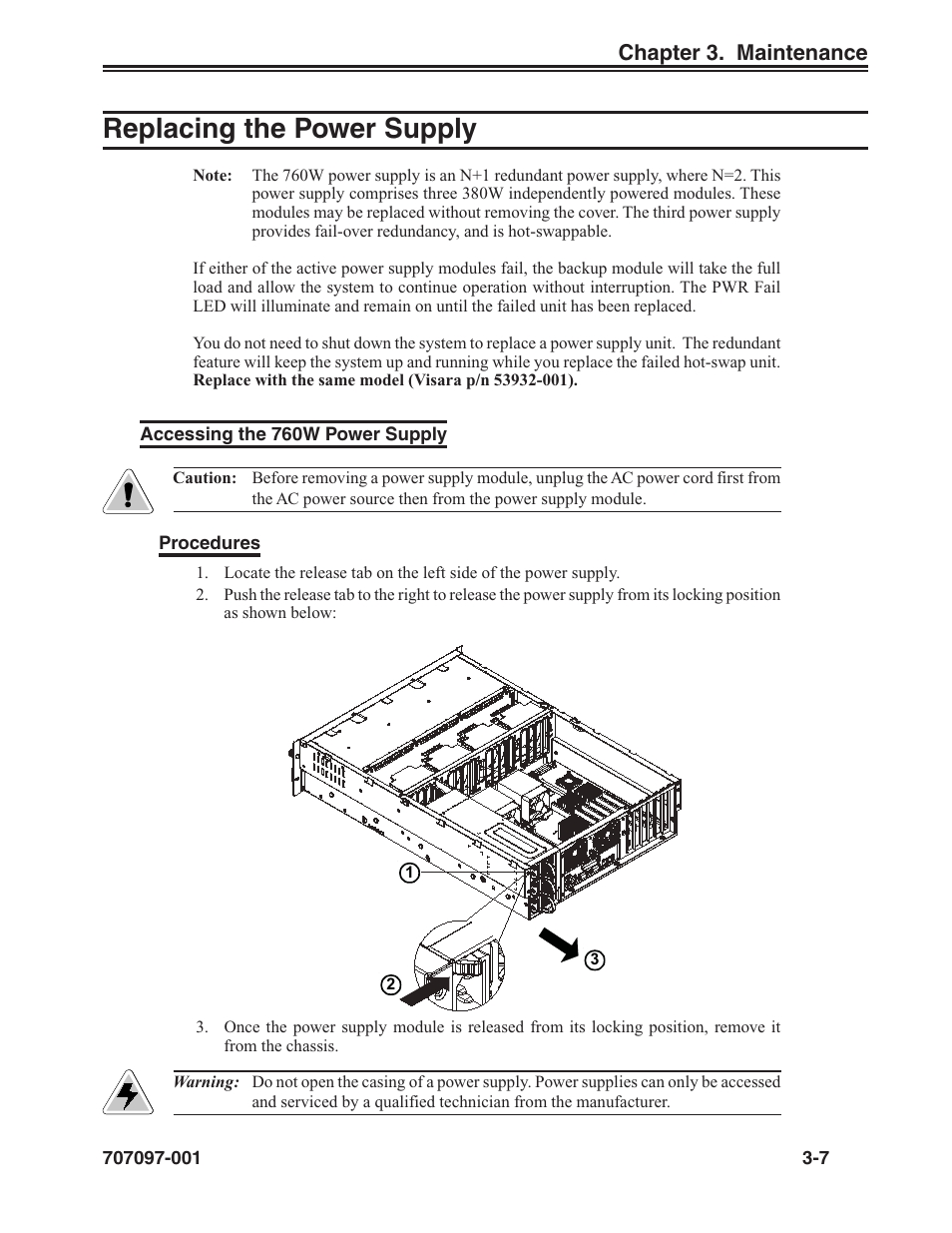 Replacing the power supply, Accessing the 760w power supply, Replacing the power supply -7 | Accessing the 760w power supply -7 | Visara iCON-XT Installation User Manual | Page 29 / 34