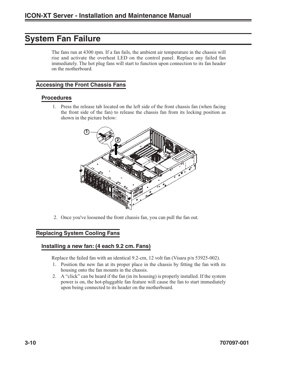 System fan failure, Accessing the front chassis fans, Replacing system cooling fans | System fan failure -10 | Visara iCON-XT Installation User Manual | Page 32 / 34