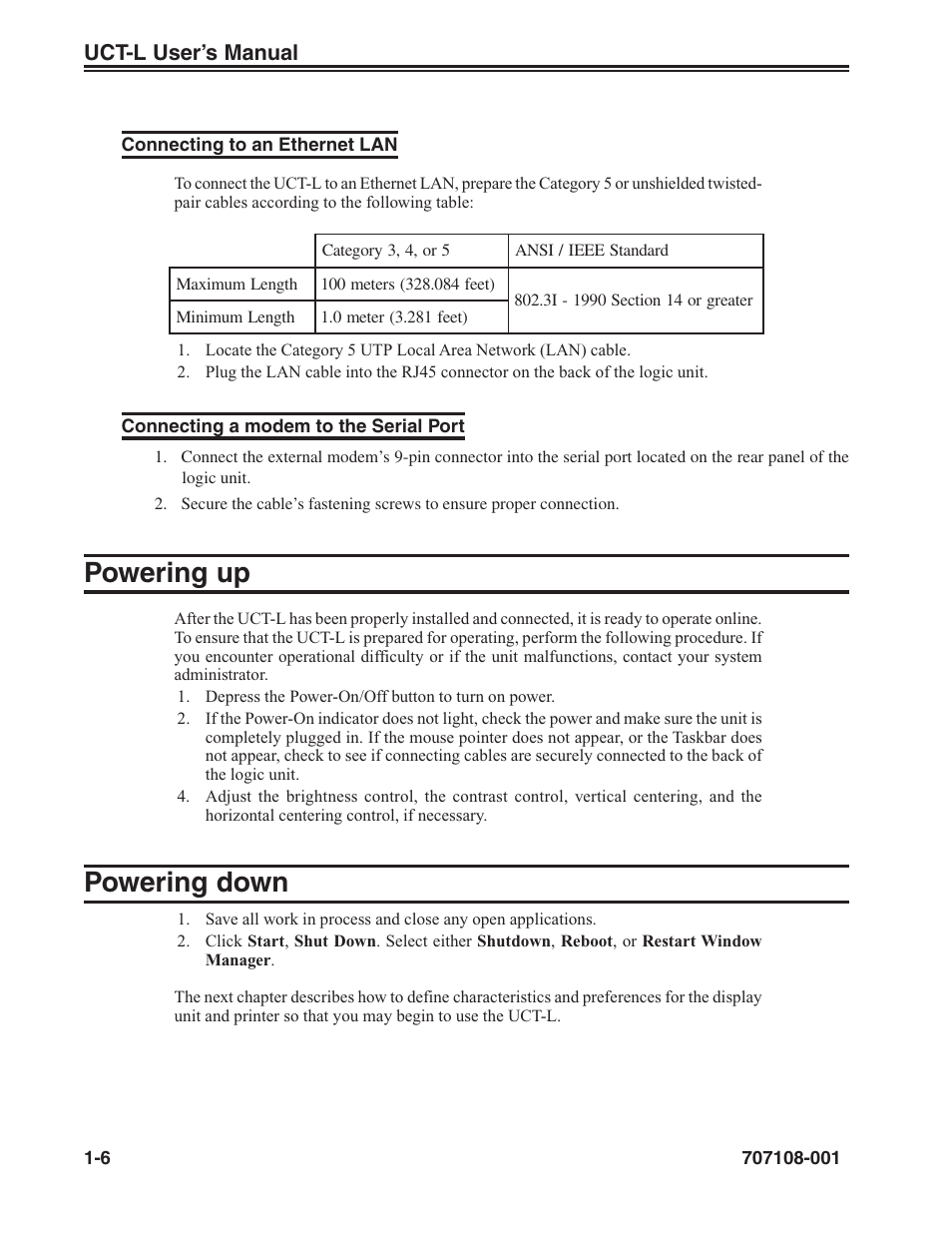 Powering up -6 powering down -6, Powering up, Powering down | Uct-l user’s manual | Visara UCT-L User Manual | Page 14 / 160