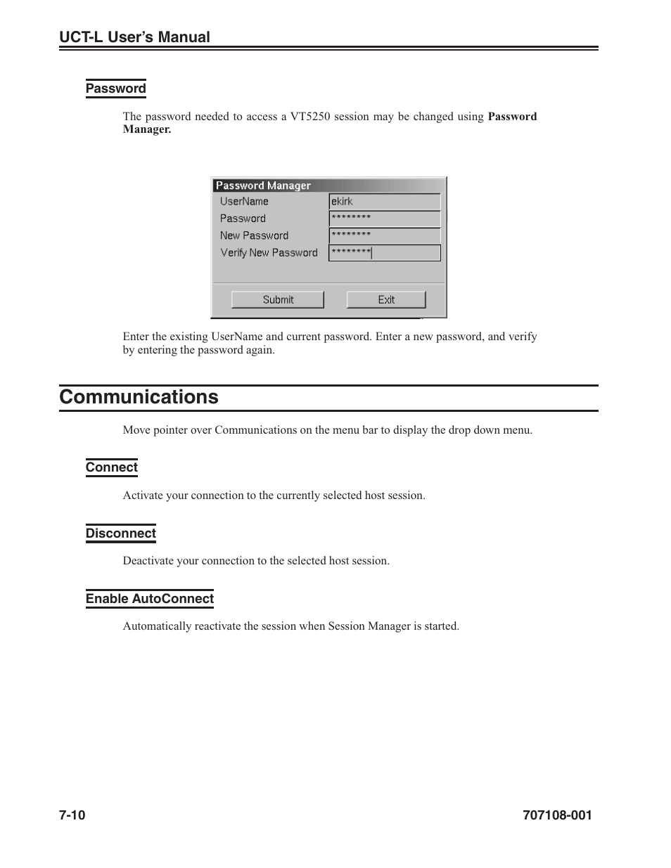 Password -10, Communications -10, Connect -10 disconnect -10 enable autoconnect -10 | Communications | Visara UCT-L User Manual | Page 140 / 160