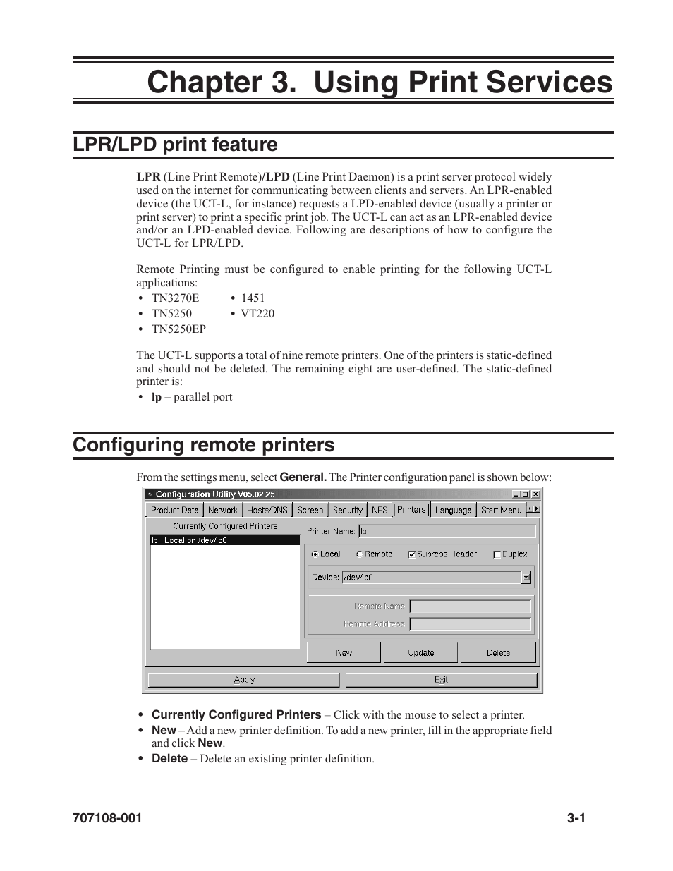 Chapter 3. using print services -1, Chapter 3. using print services, Lpr/lpd print feature | Configuring remote printers | Visara UCT-L User Manual | Page 23 / 160
