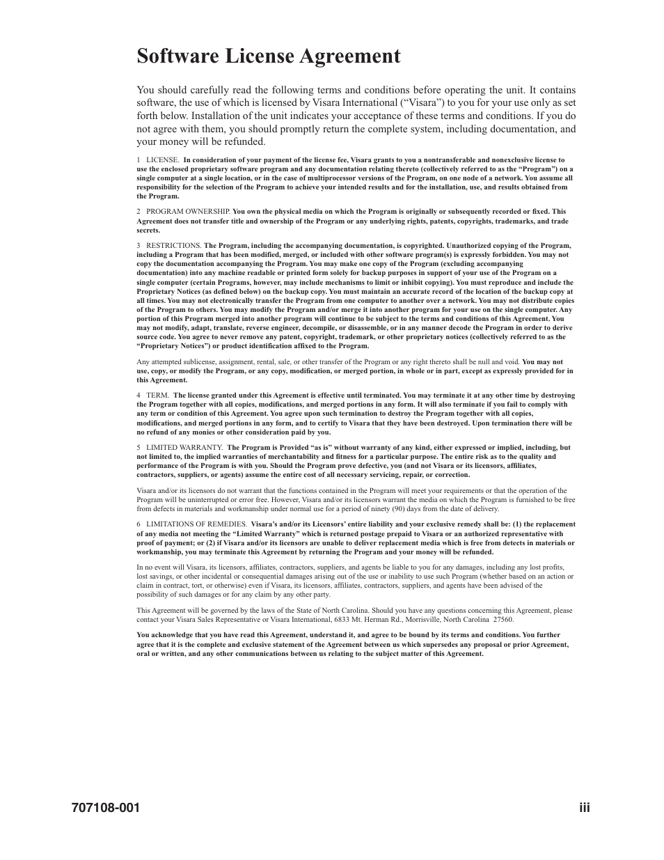 Software license agreement | Visara UCT-L User Manual | Page 3 / 160