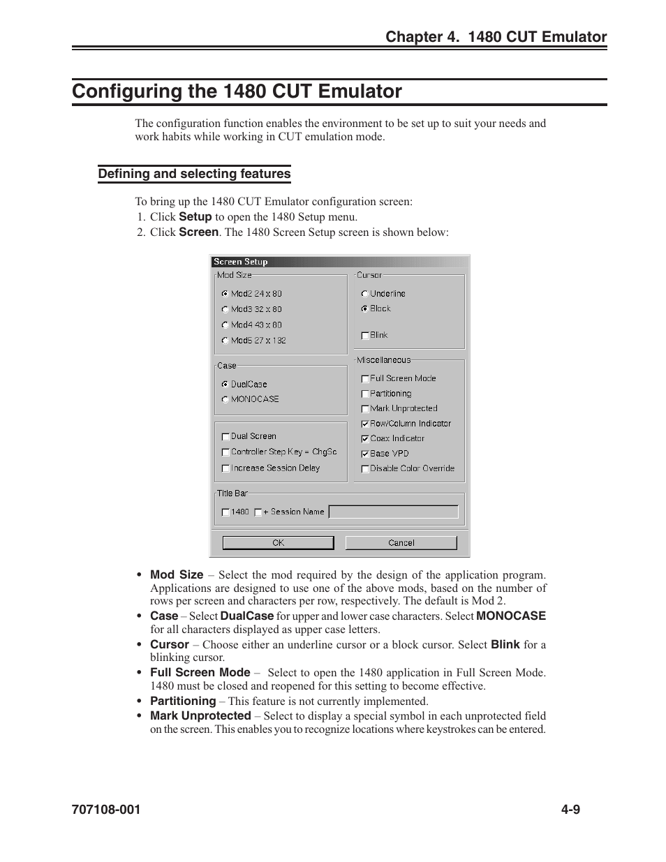 Configuring the 1480 cut emulator -9, Defining and selecting features -9, Configuring the 1480 cut emulator | Visara UCT-L User Manual | Page 33 / 160