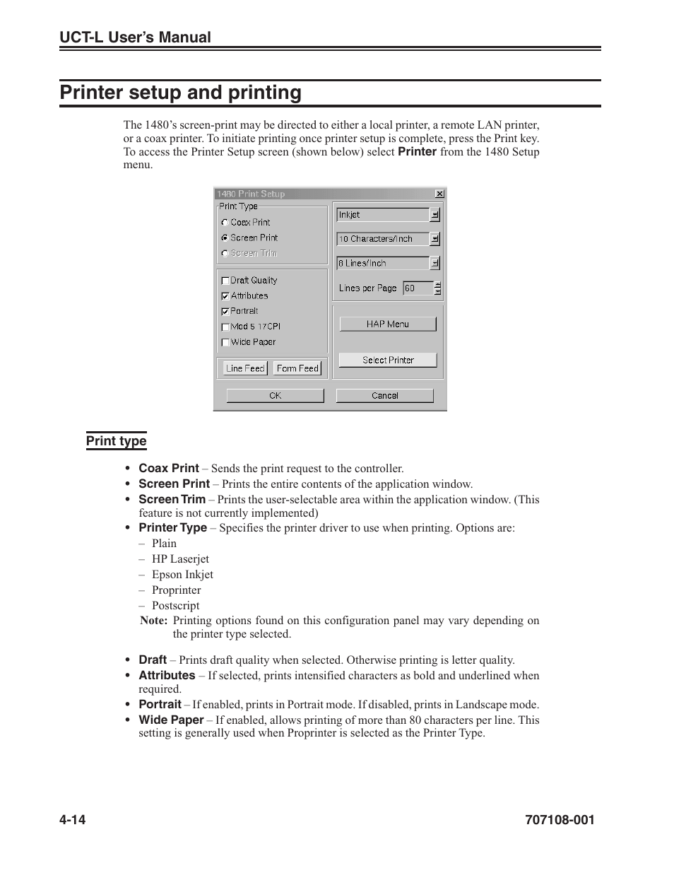 Printer setup and printing -14, Print type -14, Printer setup and printing | Visara UCT-L User Manual | Page 38 / 160