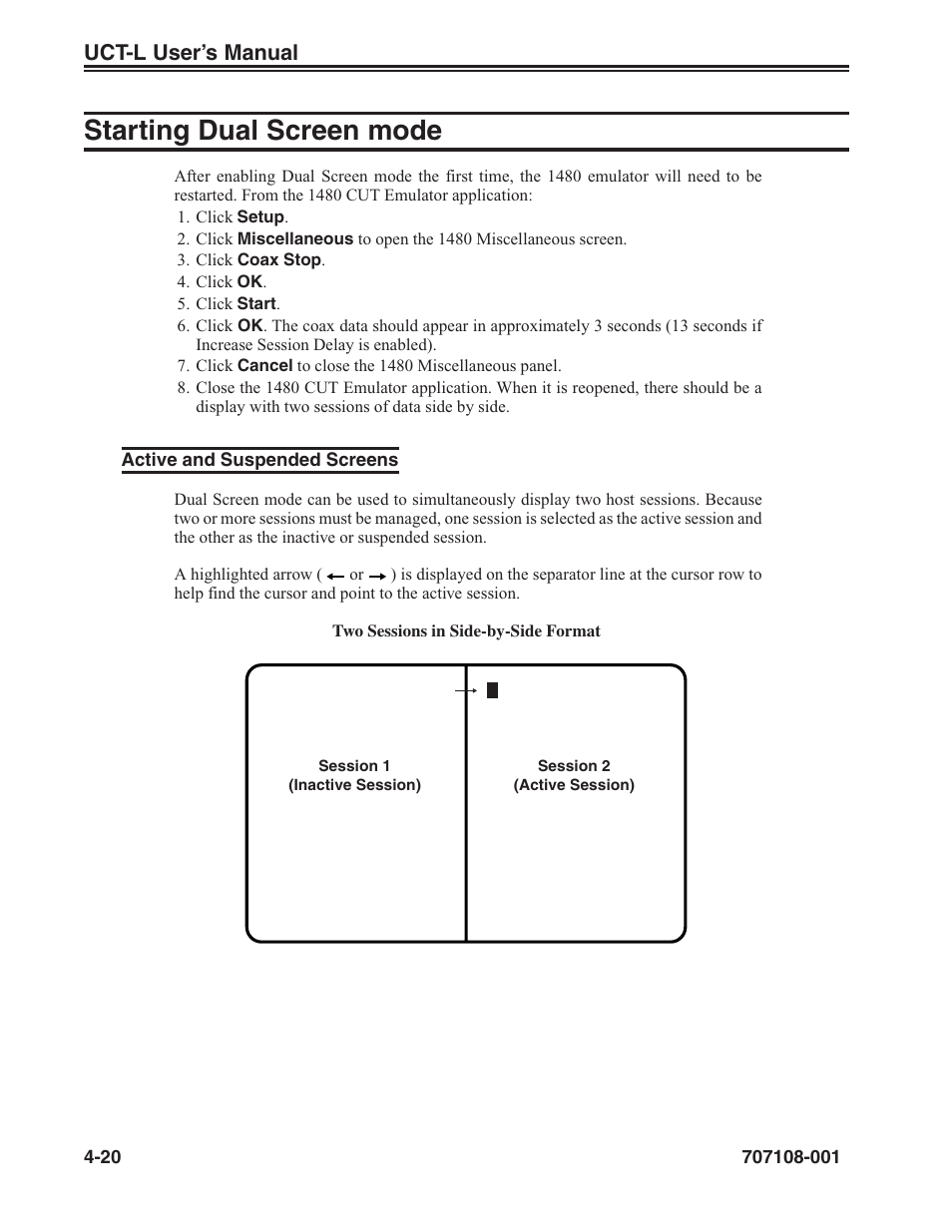 Starting dual screen mode -20, Active and suspended screens -20, Starting dual screen mode | Uct-l user’s manual | Visara UCT-L User Manual | Page 44 / 160