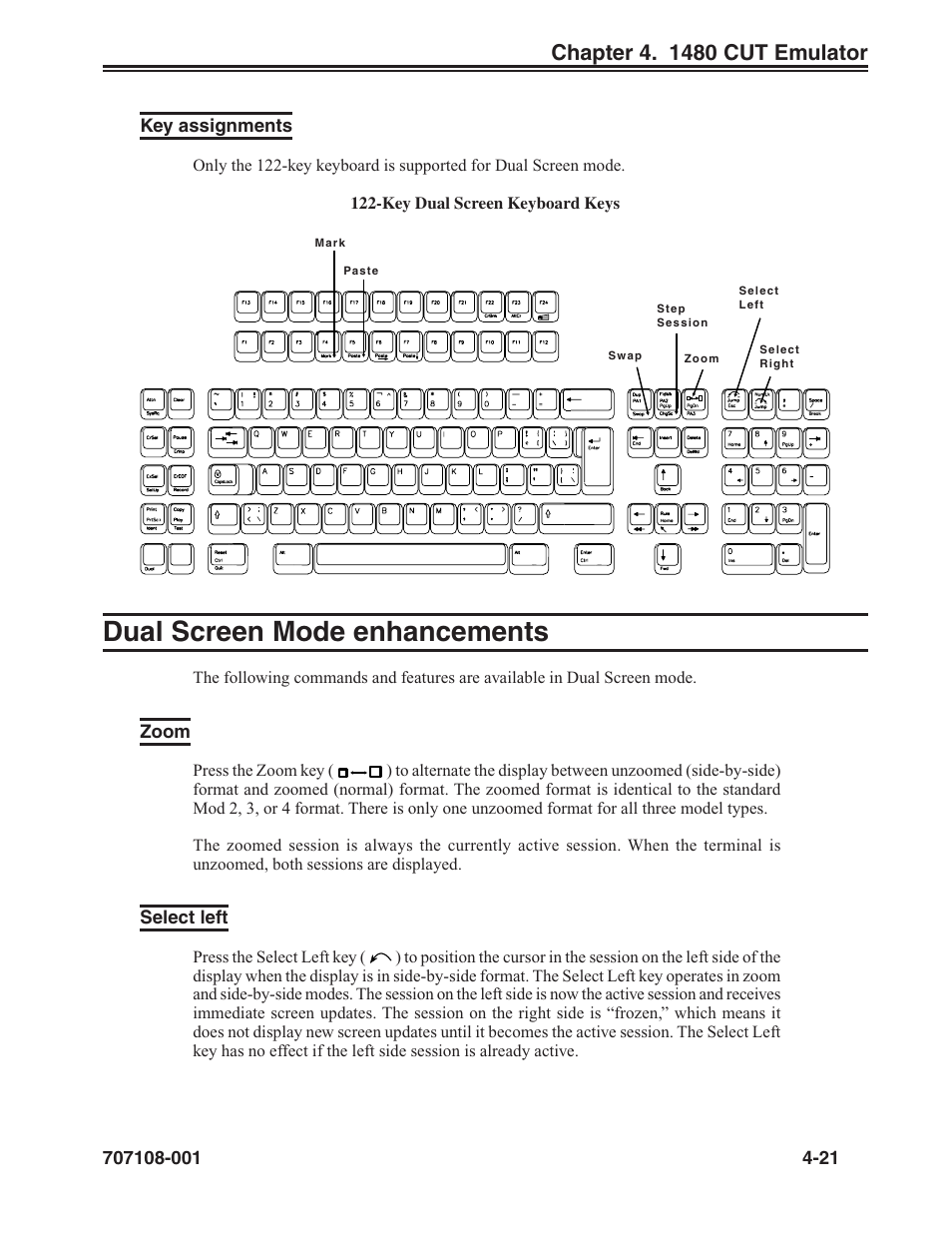 Key assignments -21, Dual screen mode enhancements -21, Zoom -21 select left -21 | Dual screen mode enhancements | Visara UCT-L User Manual | Page 45 / 160